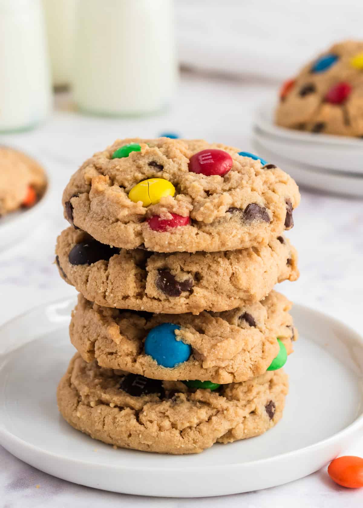 Stacked peanut butter m&m cookies.