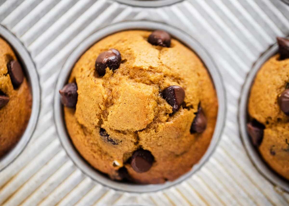 Best pumpkin chocolate chip muffins in a pan. 