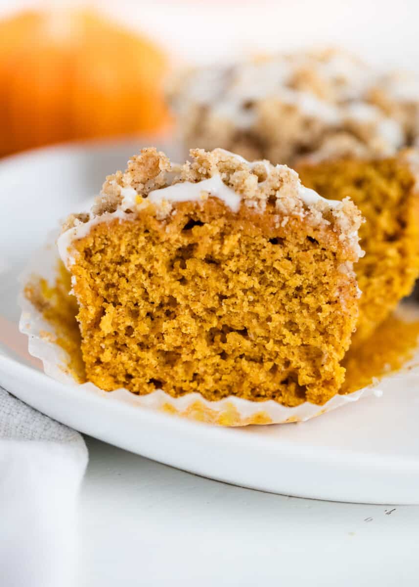 Sliced pumpkin crumb muffins.