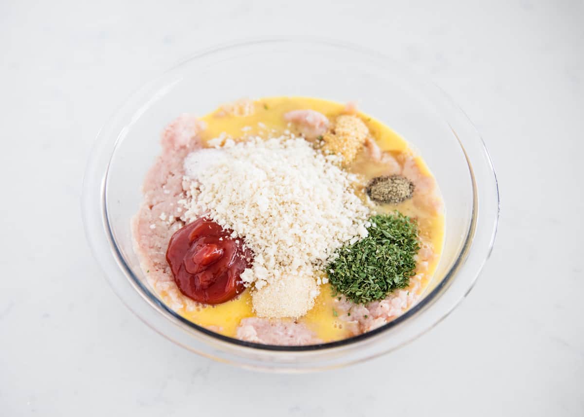 Turkey meatloaf ingredients in bowl.