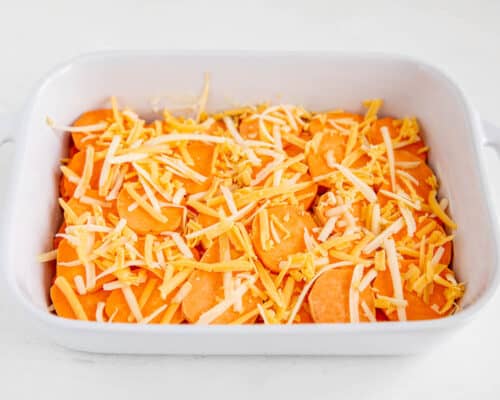 sweet potatoes and cheese in pan