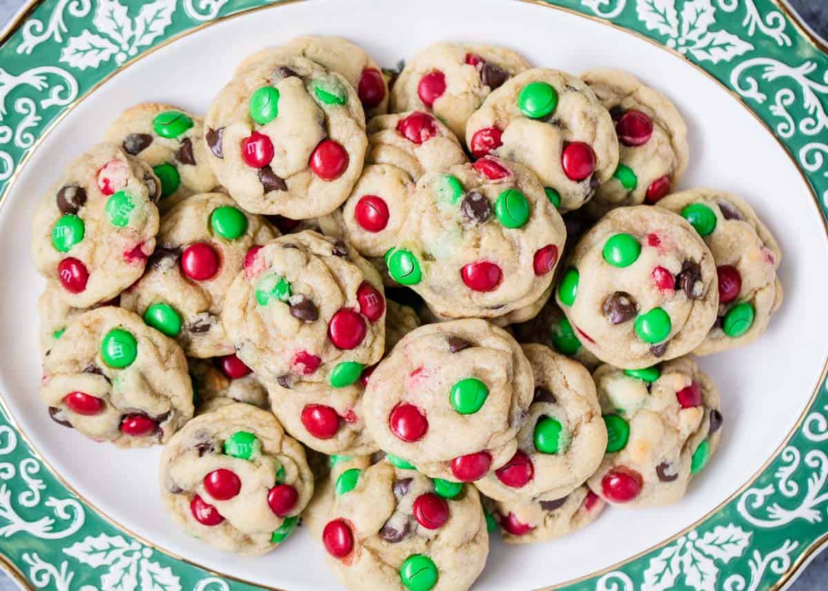 M&M Christmas cookies on plate.