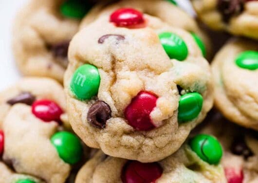 stacked M&M Christmas cookies