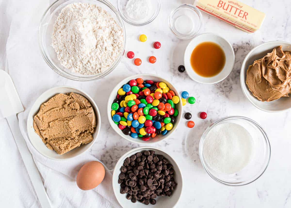 Peanut butter m&m cookie ingredients on counter.