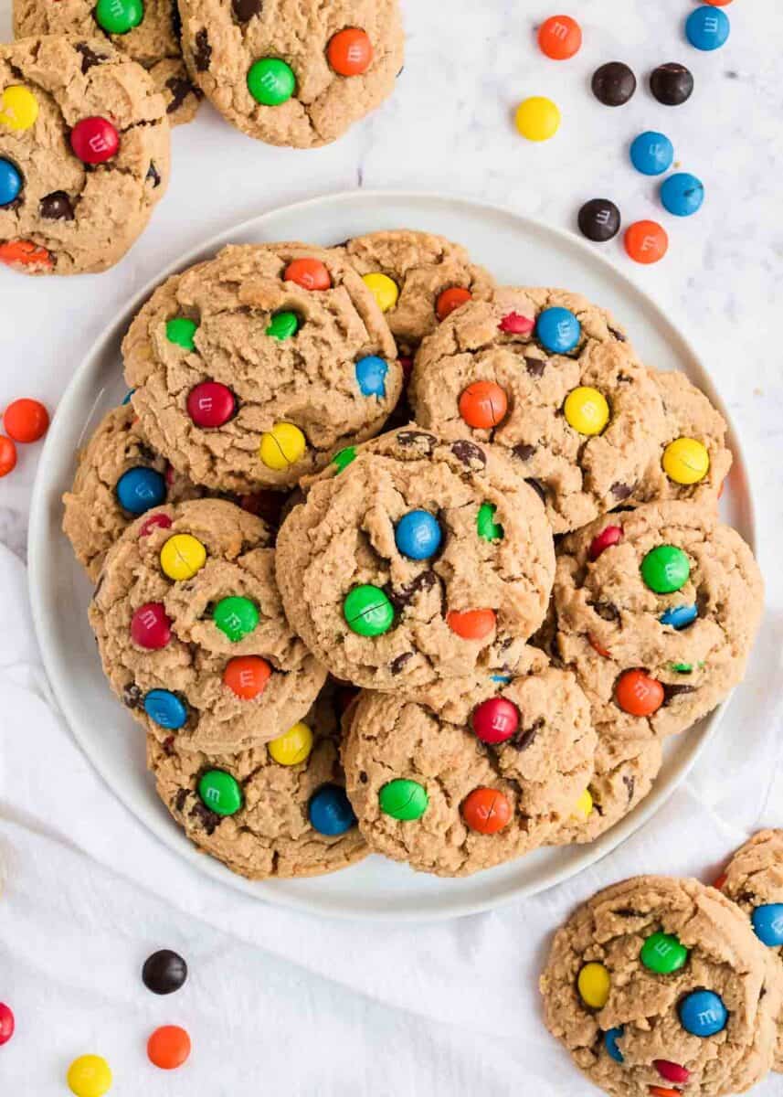 Peanut butter m&m cookies on a plate.