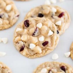 white chocolate cranberry cookies on counter