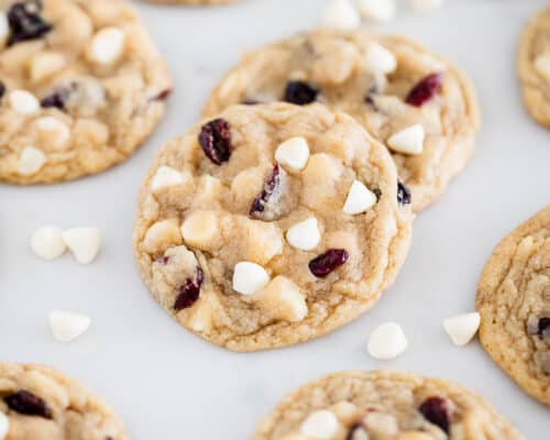 white chocolate cranberry cookies on counter