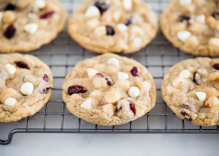 white chocolate cranberry cookies on cooling rack