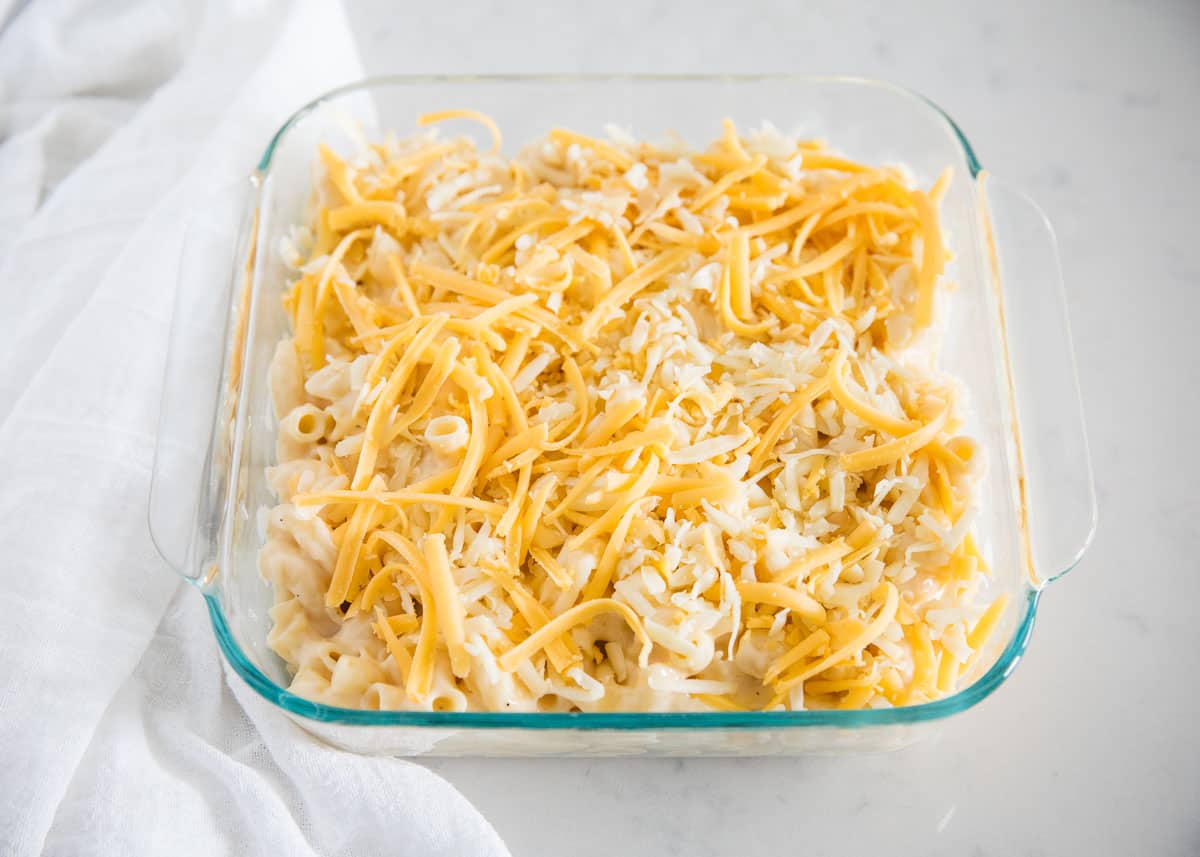 Macaroni in casserole dish.