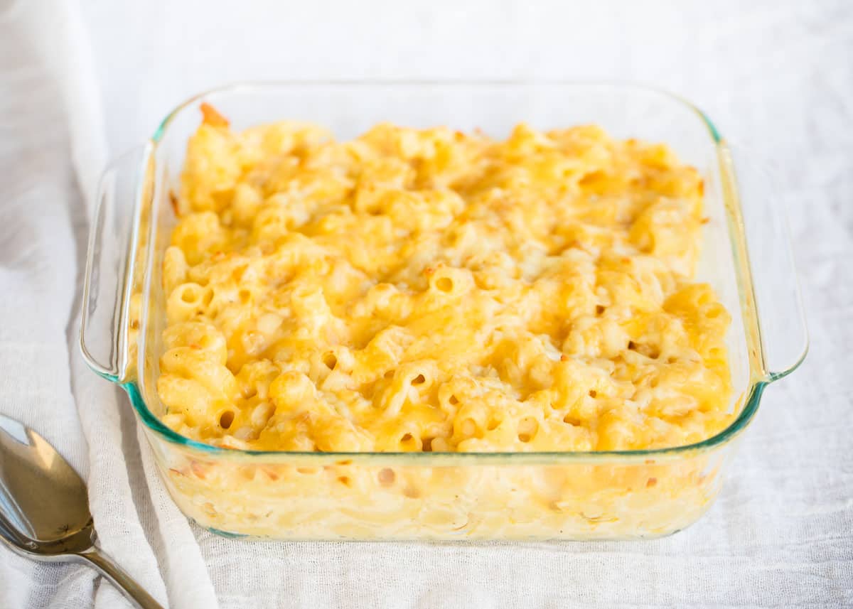 Baked macaroni in glass dish.