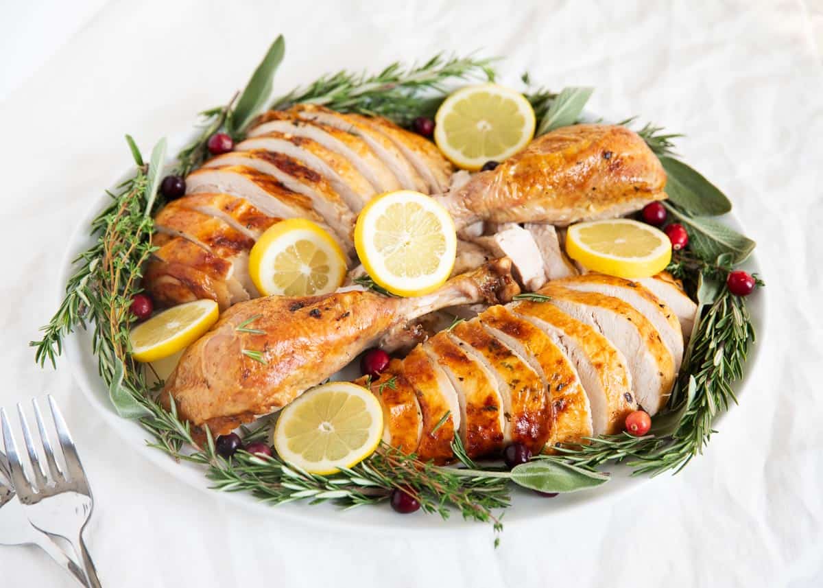 Carved turkey on white plate.