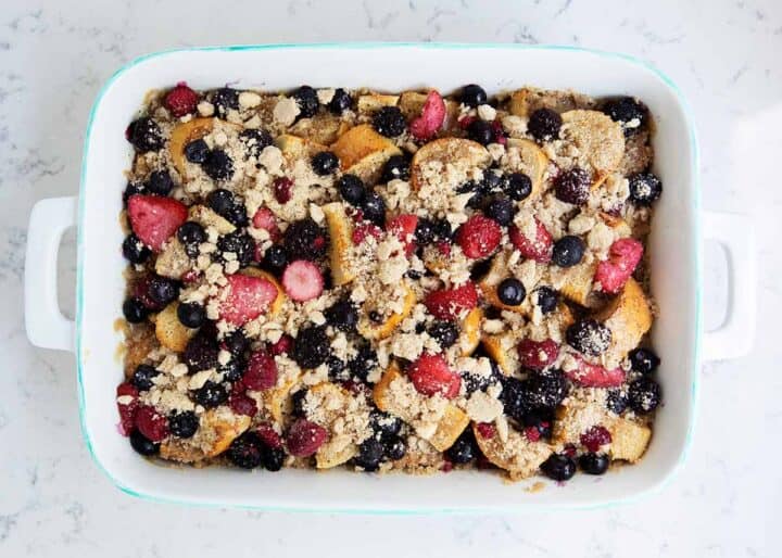 berry french toast casserole in baking dish 