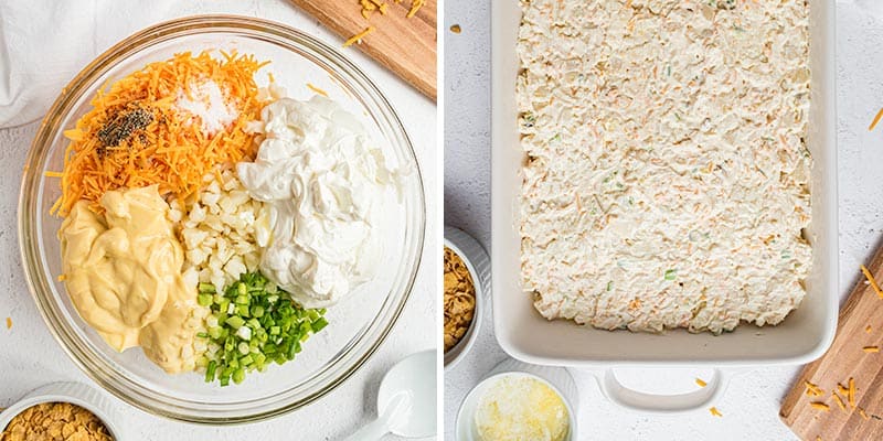 Mixing cheesy potatoes.