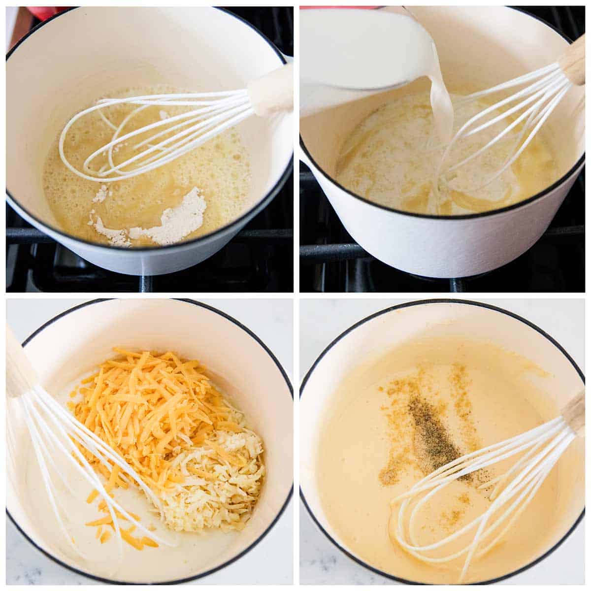 Whisking cheese sauce.