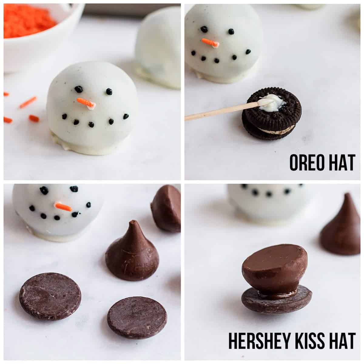 Decorating snowman oreo balls.