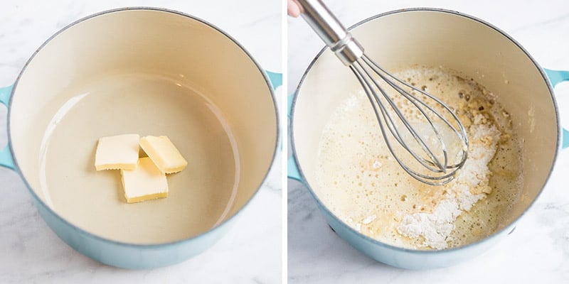 whisking roux in pan