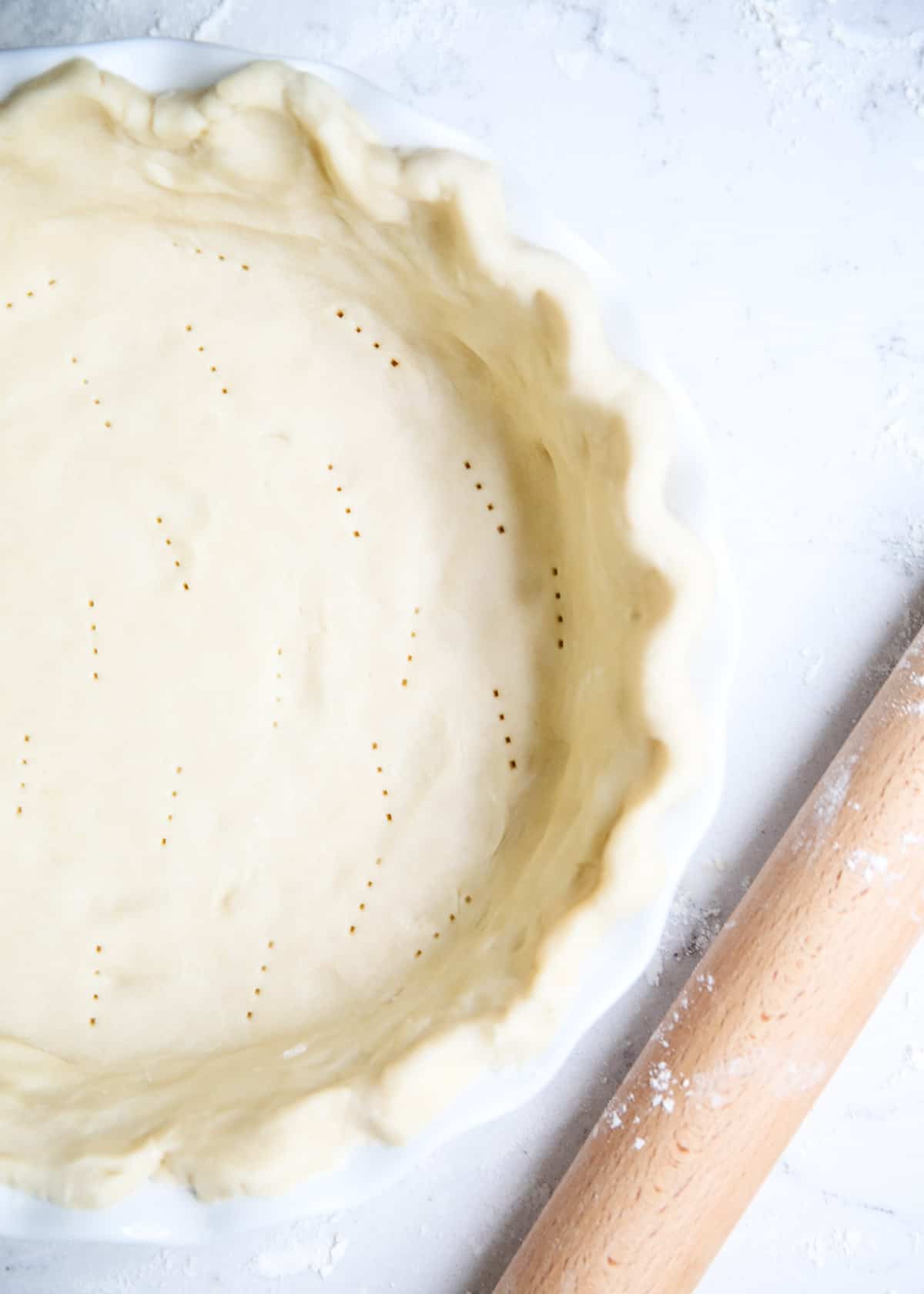 Unbaked pie crust on counter.