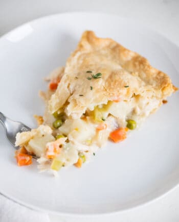 slice of turkey pot pie on white plate