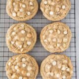 white chocolate macadamia nut cookies on cooling rack