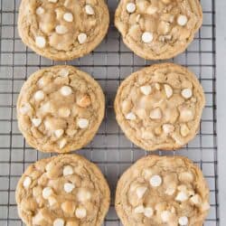 white chocolate macadamia nut cookies on cooling rack