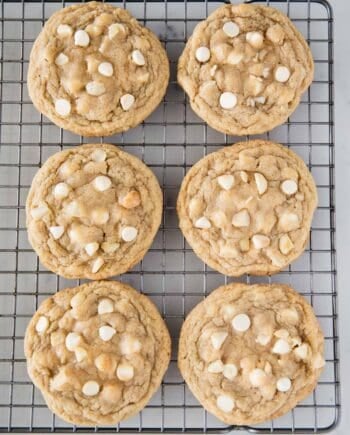 white chocolate macadamia nut cookies on cooling rack