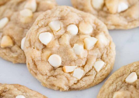 white chocolate macadamia nut cookies on counter