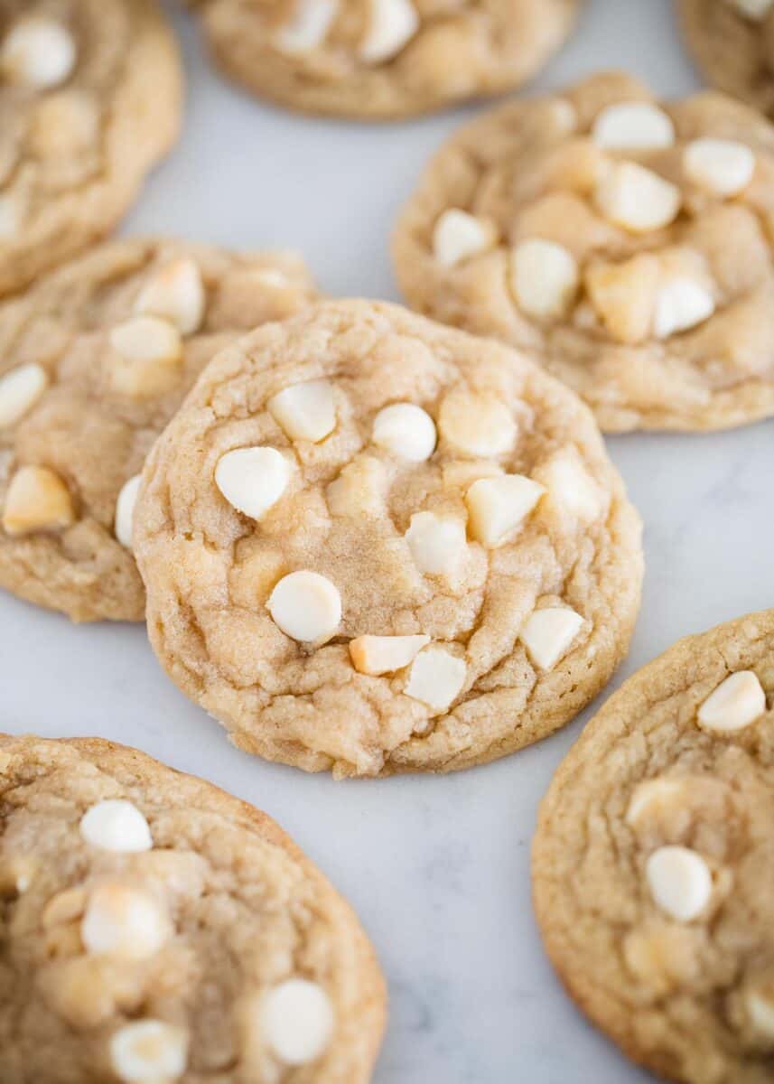 white chocolate macadamia nut cookies on counter