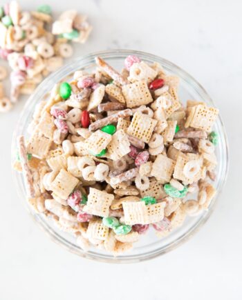 christmas chex mix in bowl