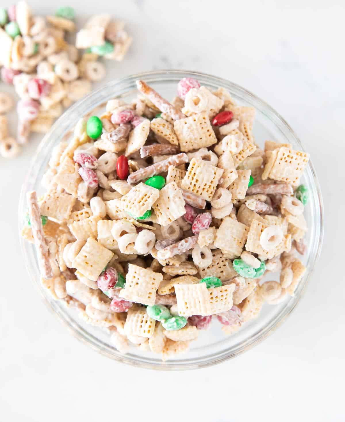 Christmas chex mix in bowl.
