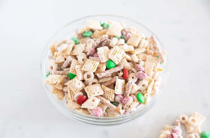 christmas chex mix in bowl