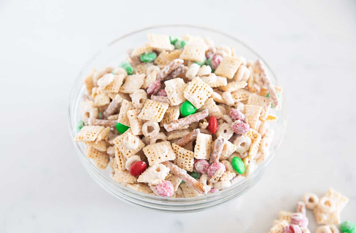 Christmas chex mix in bowl.