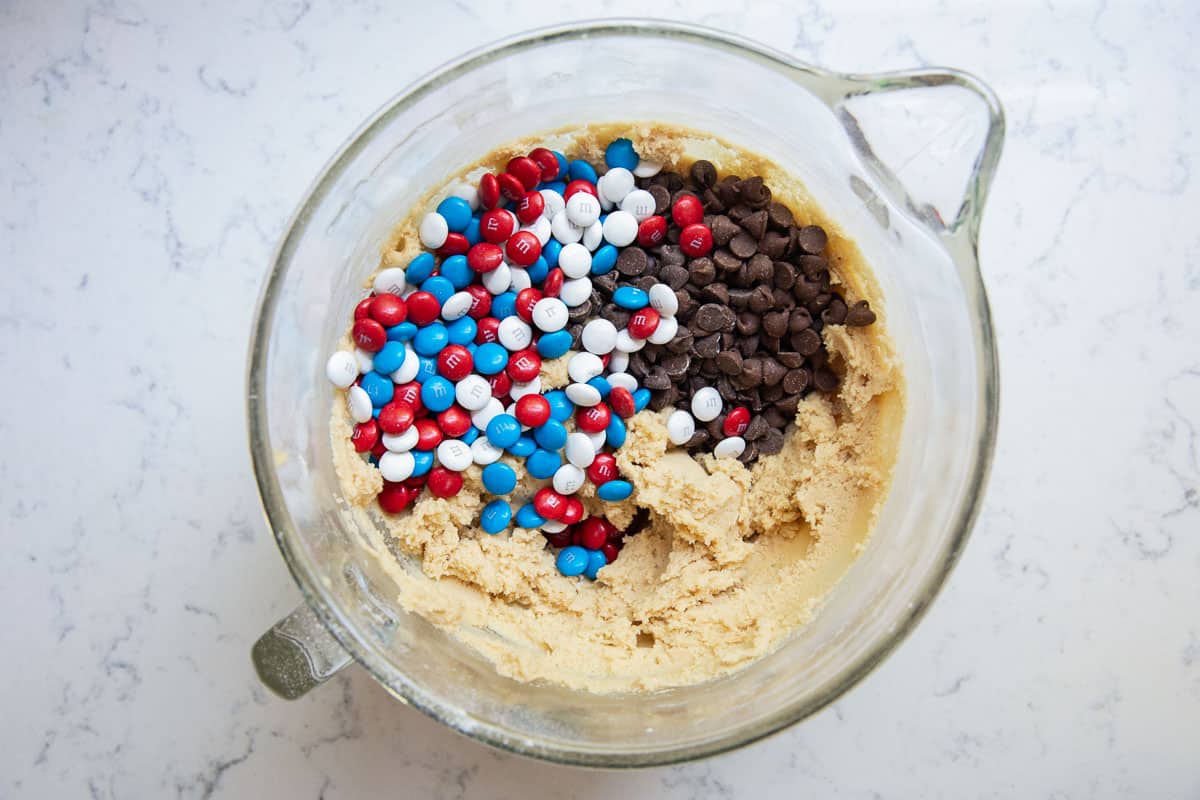 M&M cookie dough in bowl.