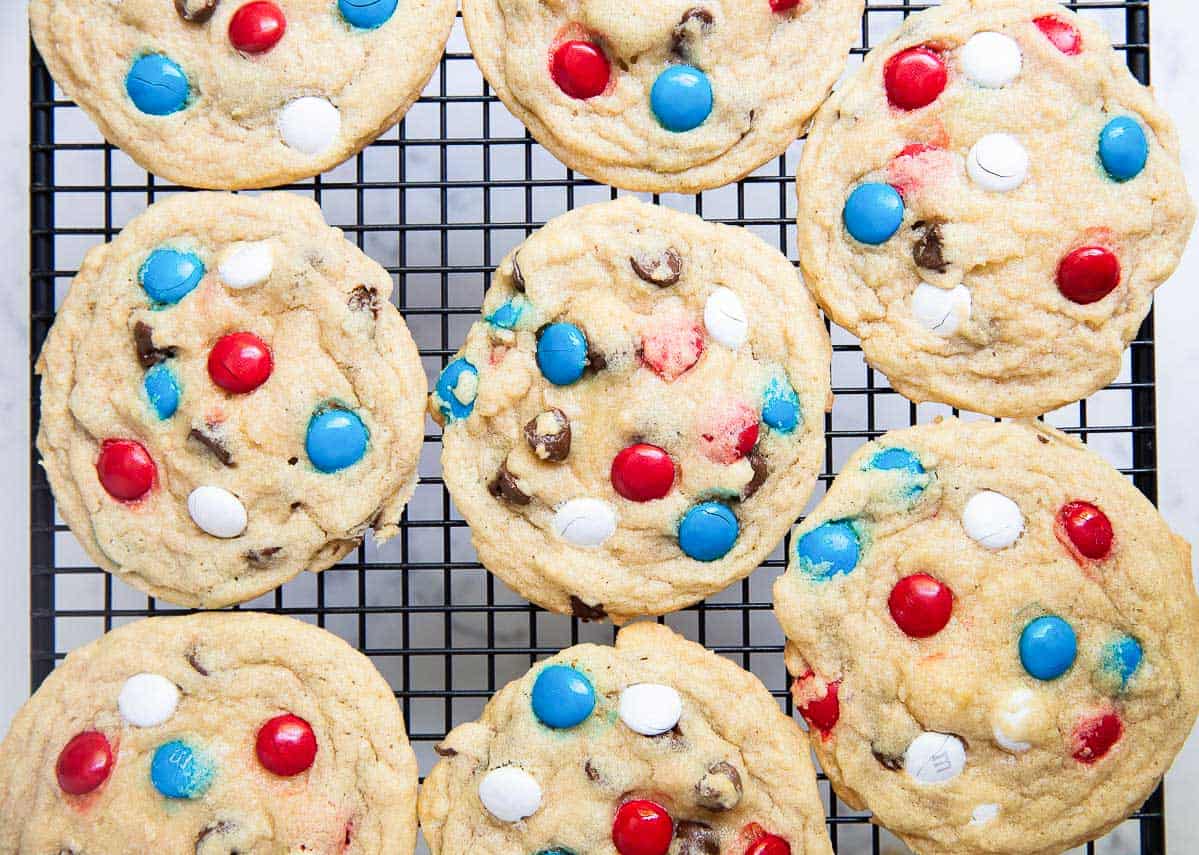 m&m cookies on cooling rack