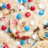 close up of m&m cookies