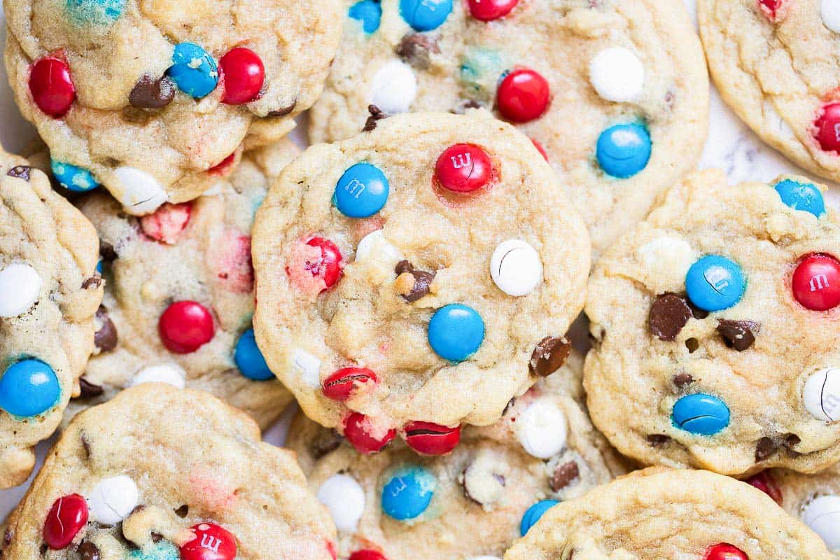 Close up of m&m cookies.