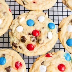 m&m cookies on cooling rack