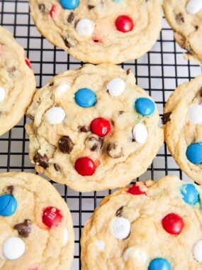 m&m cookies on cooling rack