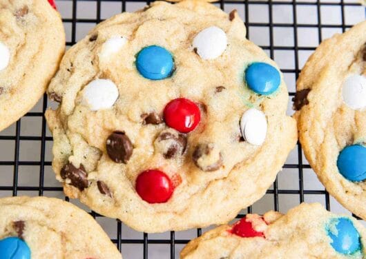 m&m cookies on cooling rack