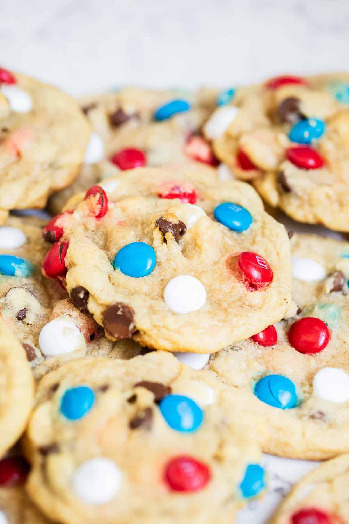 M&M cookies on table.