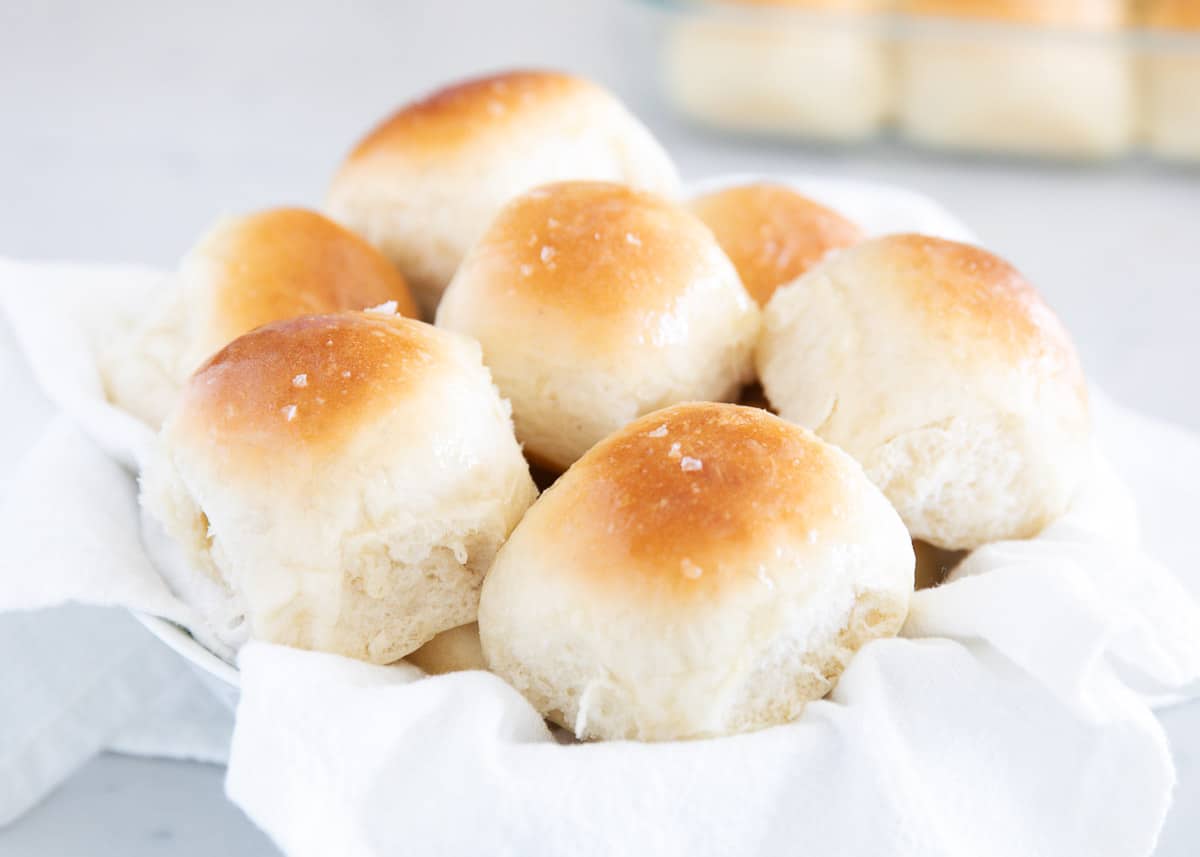 Dinner rolls in a basket.