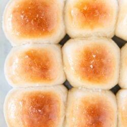 Dinner rolls in a baking dish.