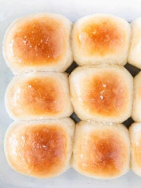 Dinner rolls in a baking dish.