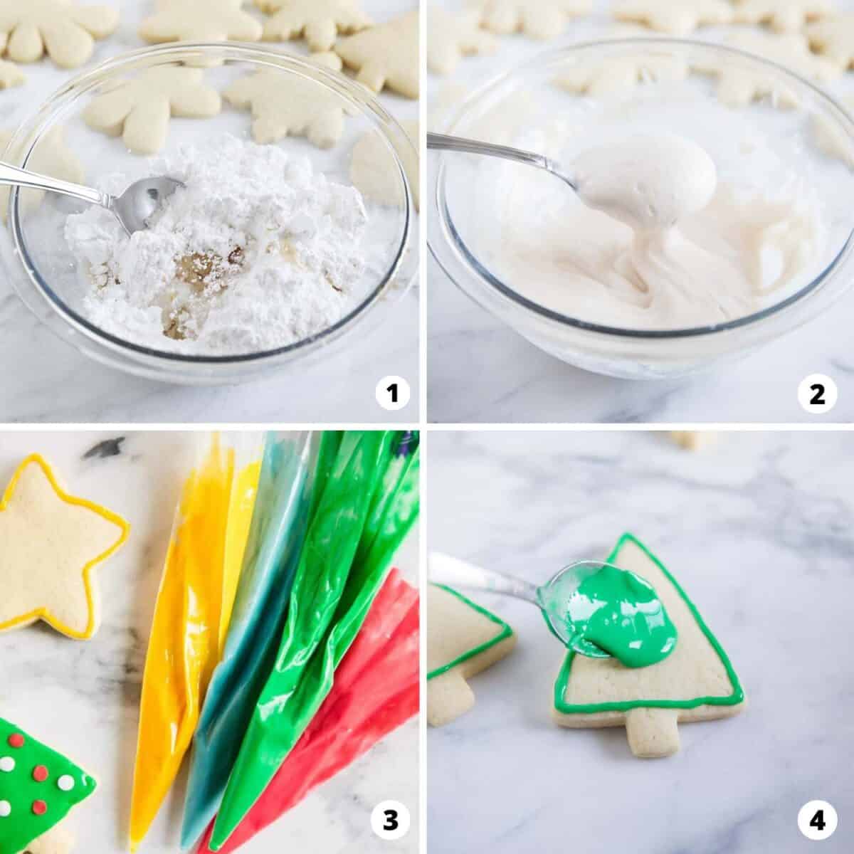 Showing how to make sugar cookie icing in a 4 step collage. 