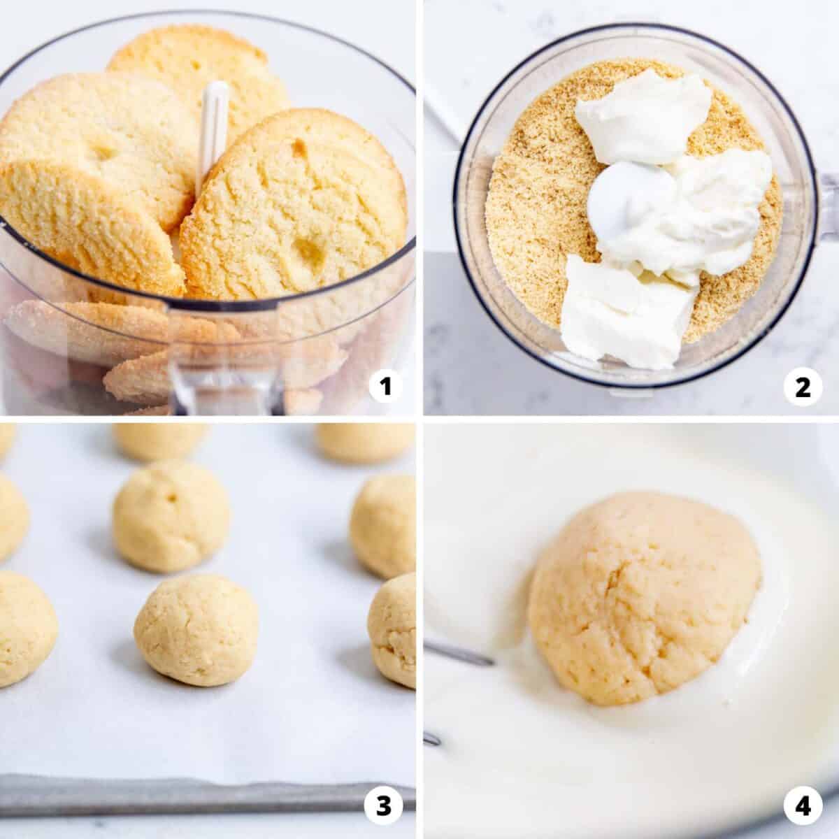 Showing how to make sugar cookie truffles in a 4 step collage.