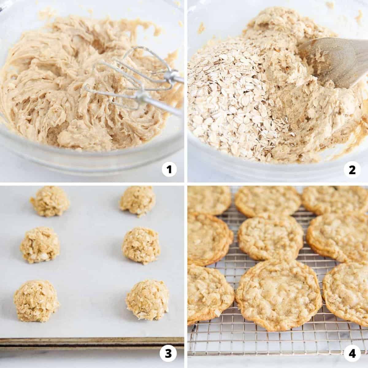 Showing how to make oatmeal cookies in a 4 step collage. 