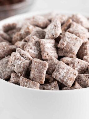 Muddy buddies in a white bowl.
