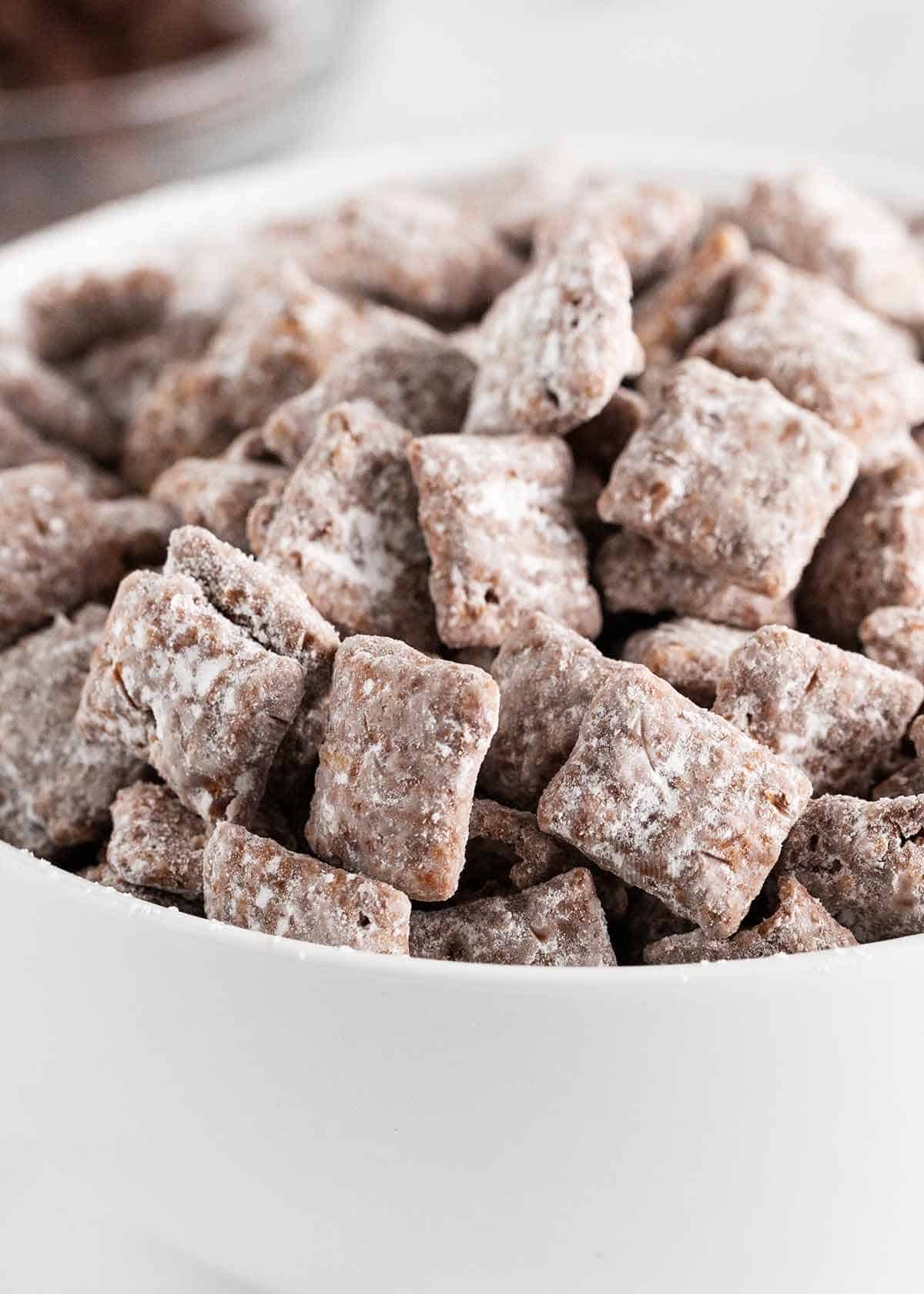 Muddy buddies in a white bowl.