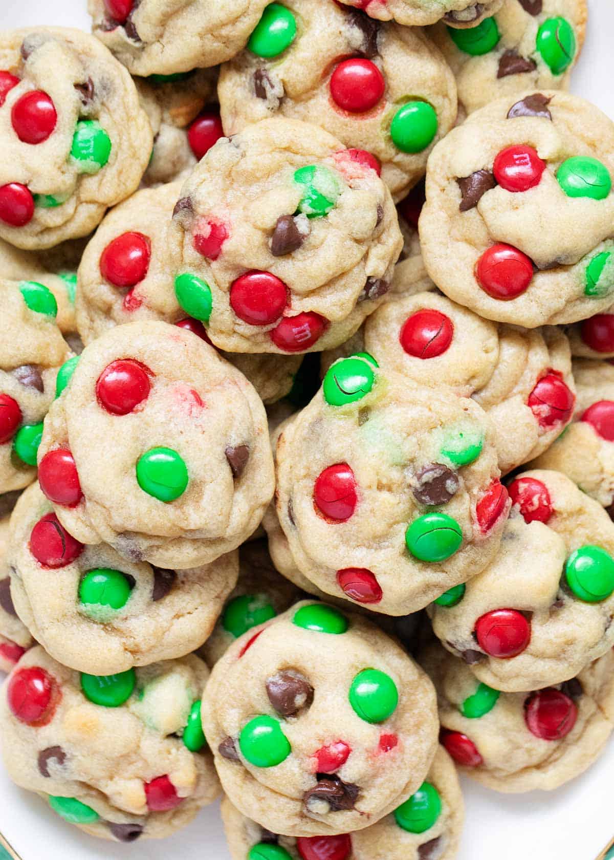 Stack of M&M Christmas cookies.