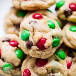 The best M&M Christmas Cookies on a plate.