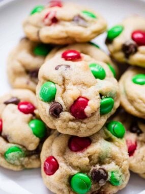The best M&M Christmas Cookies on a plate.